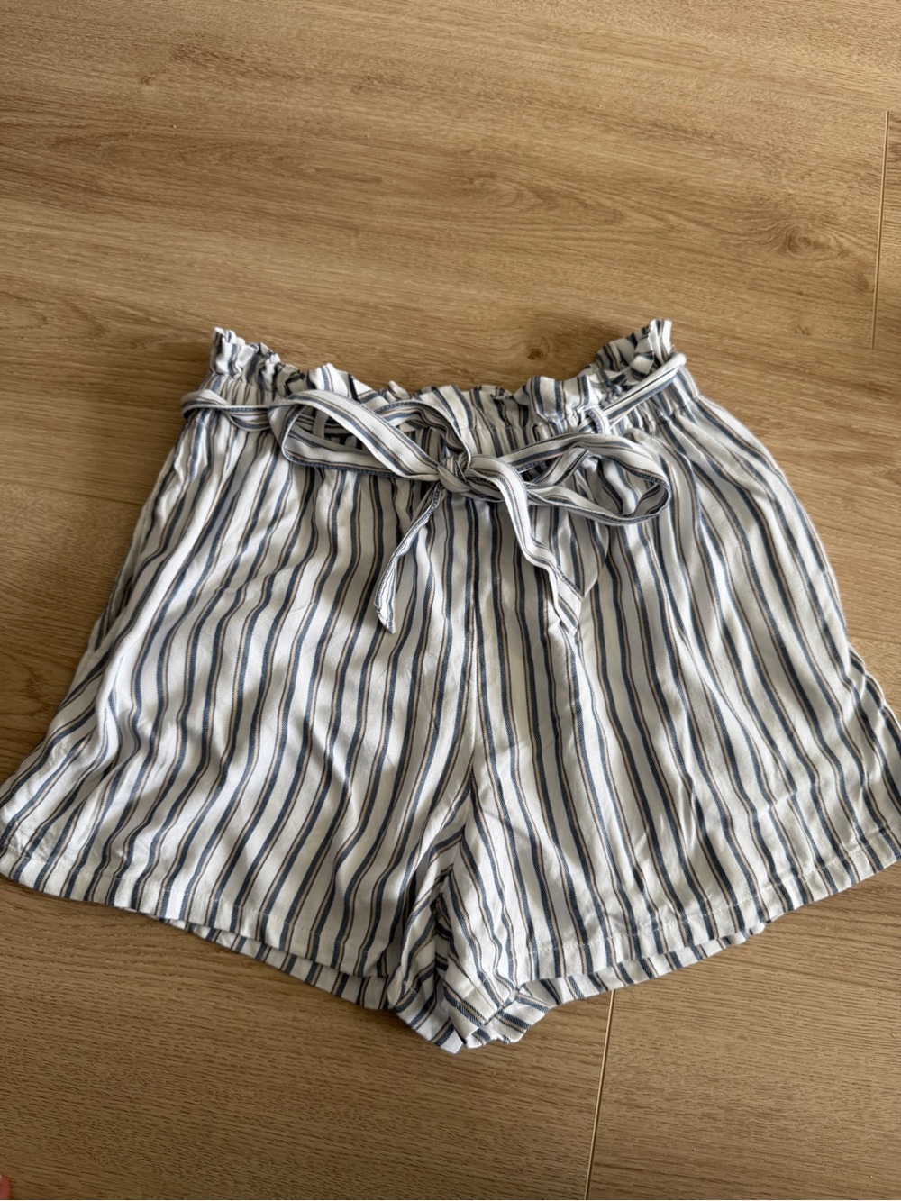 Hollister White and Navy Vertical-Stripe Paperbag Shorts